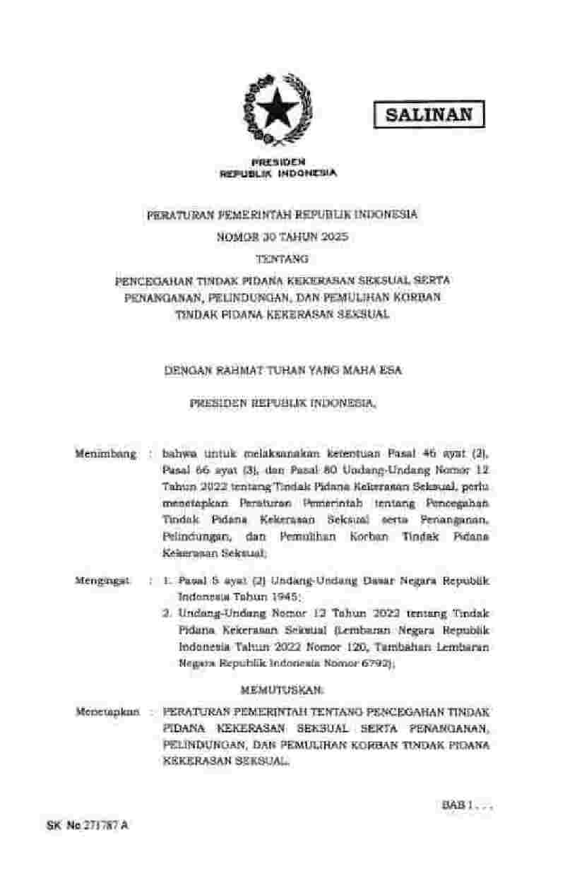 Peraturan Pemerintah No 30 tahun 2025 tentang Pencegahan Tindak Pidana Kekerasan Seksual serta Penanganan, Perlindungan, dan Pemulihan Korban Tindak Pidana Kekerasan Seksual
