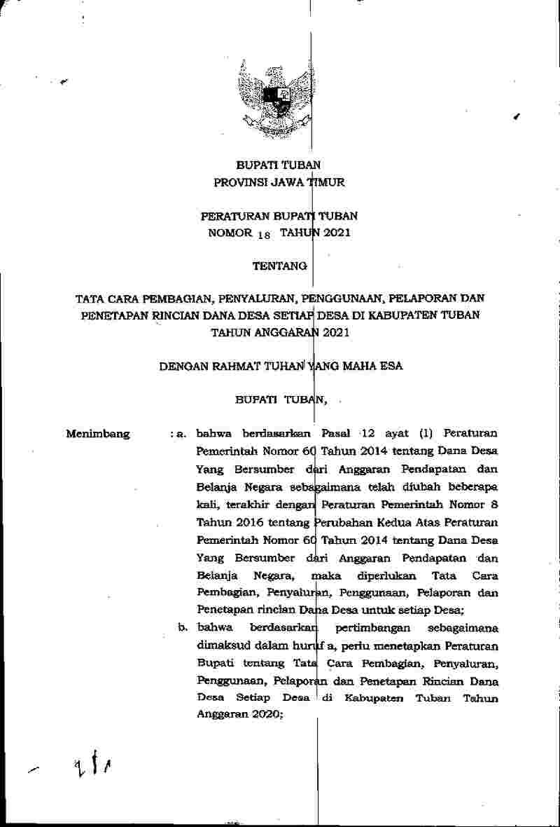 Peraturan Bupati Tuban No 18 tahun 2021 tentang Tata Cara Pembagian, Penyaluran, Penggunaan, Pelaporan dan Penetapan Rincian Dana Desa setiap Desa di Kabupaten Tuban Tahun Anggaran 2021