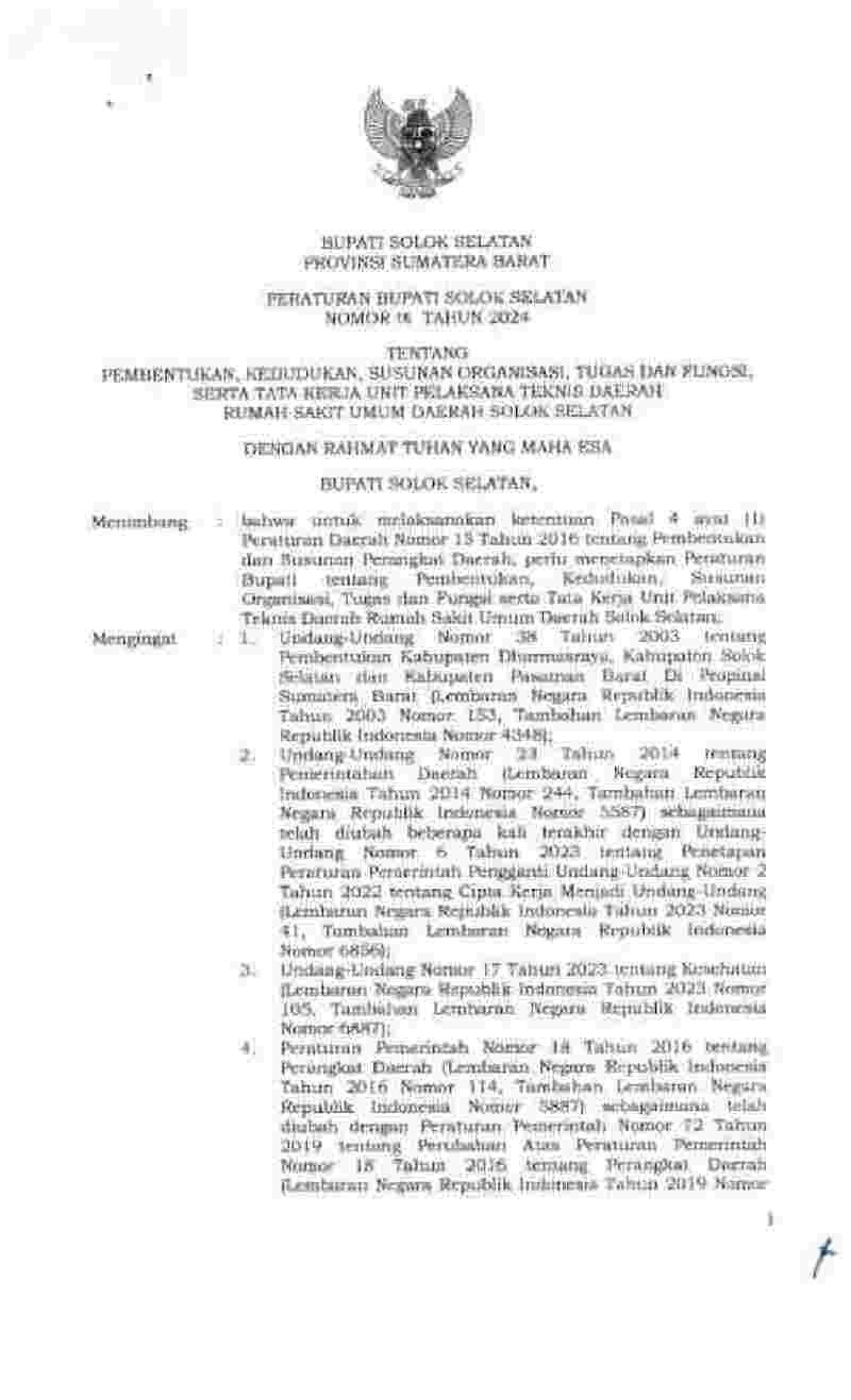 Peraturan Bupati Solok Selatan No 18 tahun 2024 tentang Pembentukan, Kedudukan, Susunan Organisasi, Tugas dan Fungsi, serta Tata Kerja Unit Pelaksana Teknis Daerah Rumah Sakit Umum Daerah Solok Selatan