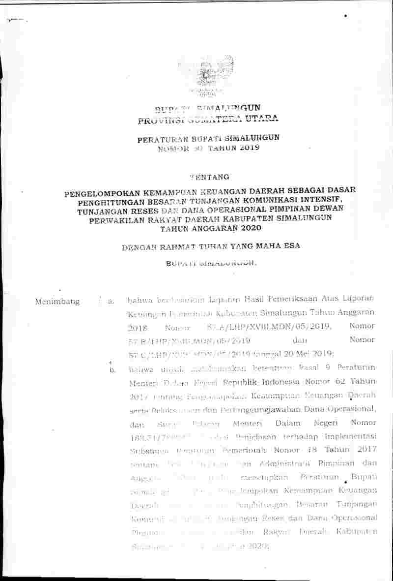 Peraturan Bupati Simalungun No 30 tahun 2019 tentang Pengelompokan Kemampuan Keuangan Daerah sebagai Dasar Penghitungan Besaran Tunjangan Komunikasi Intensif, Tunjangan Reses dan Dana Operasional Pimpinan Dewan Perwakilan Rakyat Daerah Kabupaten Simalungun Tahun Anggaran 2020