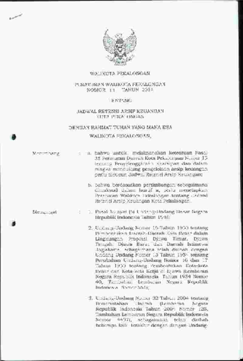 Peraturan Walikota Pekalongan No 13 tahun 2014 tentang Jadwal Retensi Arsip Keuangan Kota Pekalongan 