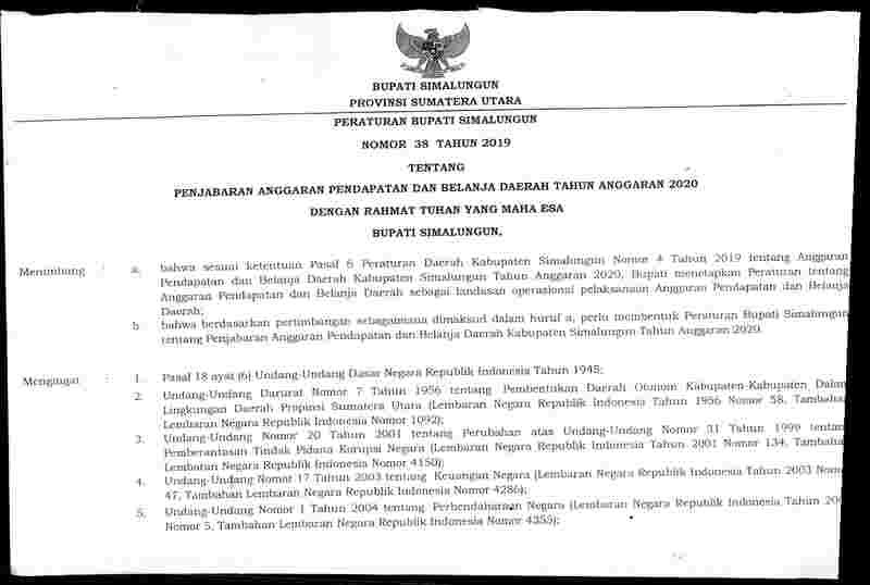 Peraturan Bupati Simalungun No 38 tahun 2019 tentang Penjabaran Anggaran Pendapatan dan Belanja Daerah Tahun Anggaran 2020