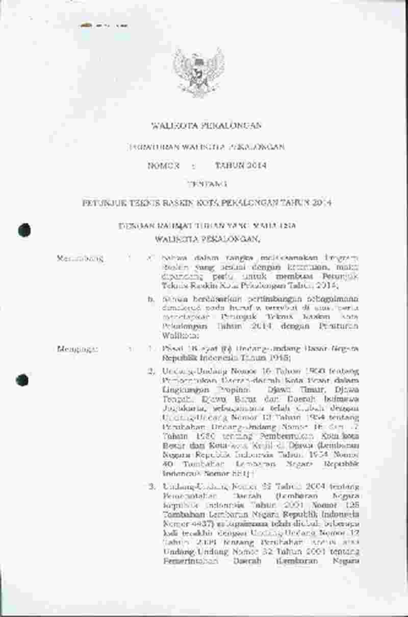 Peraturan Walikota Pekalongan No 8 tahun 2014 tentang Petunjuk Teknis Raskin Kota Pekalongan Tahun 2014