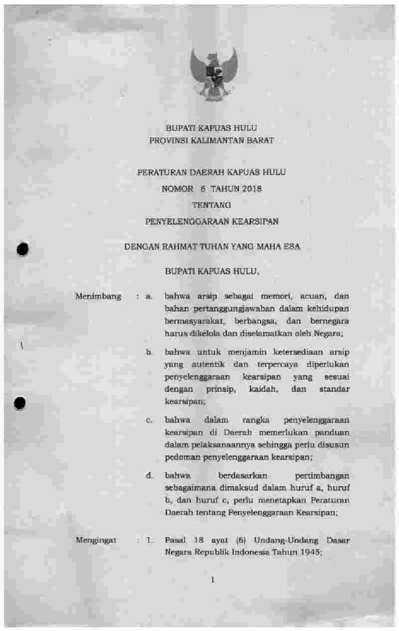 Peraturan Daerah Kabupaten Kapuas Hulu No 6 tahun 2018 tentang Penyelenggaraan Kearsipan