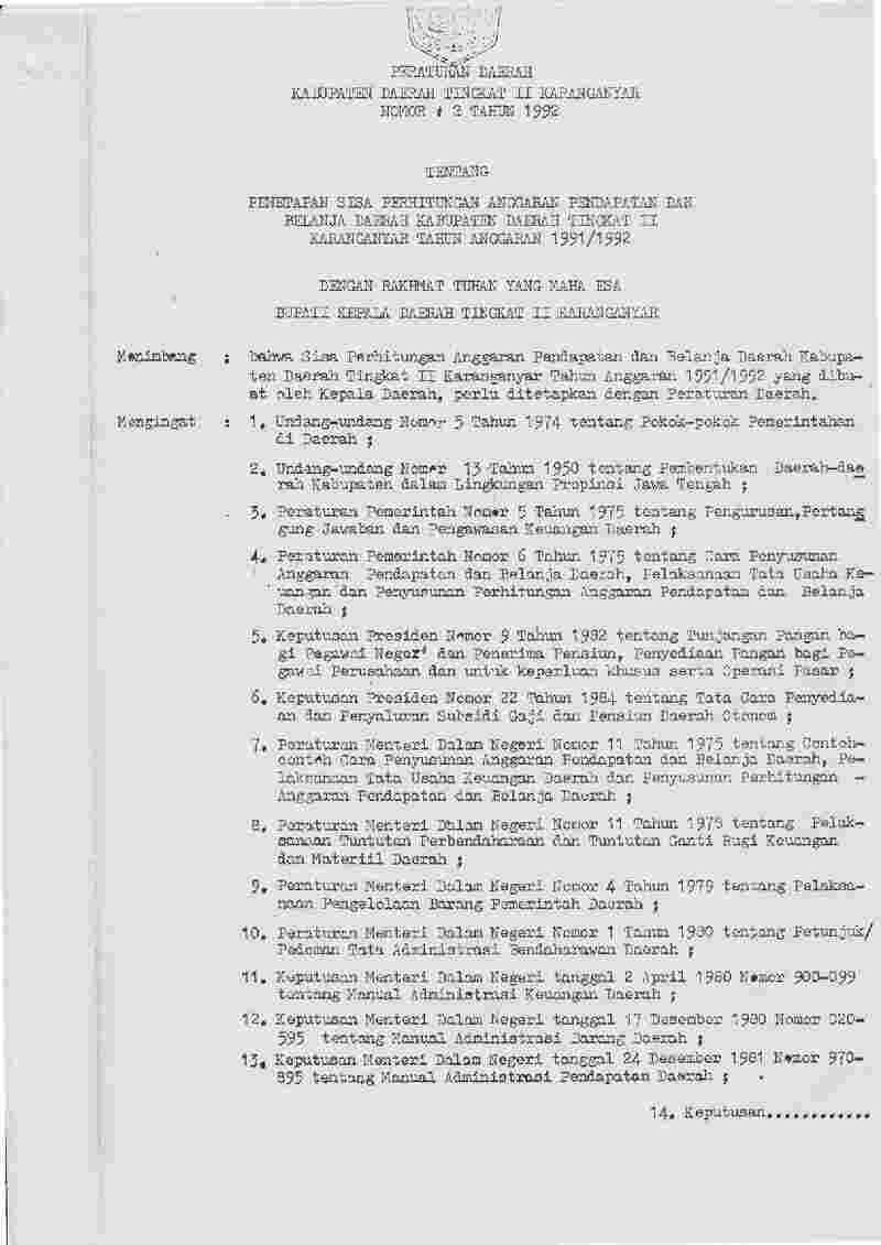 Peraturan Daerah Kabupaten Karanganyar No 2 tahun 1992 tentang Penetapan Sisa Perhitungan Anggaran Pendapatan dan Belaja Daerah Kabupaten Daerah Tingkat II Karanganyar Tahun Anggaran 1991/1992