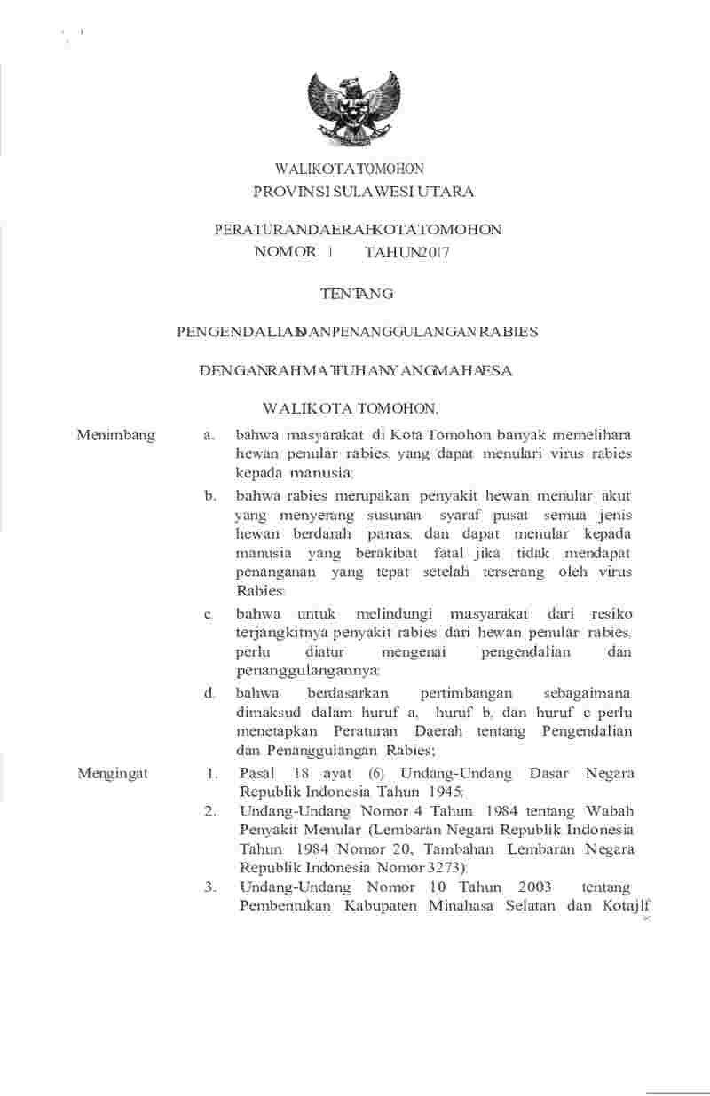 Peraturan Daerah Kota Tomohon No 1 tahun 2017 tentang Pengendalian dan Penanggulangan Rabies