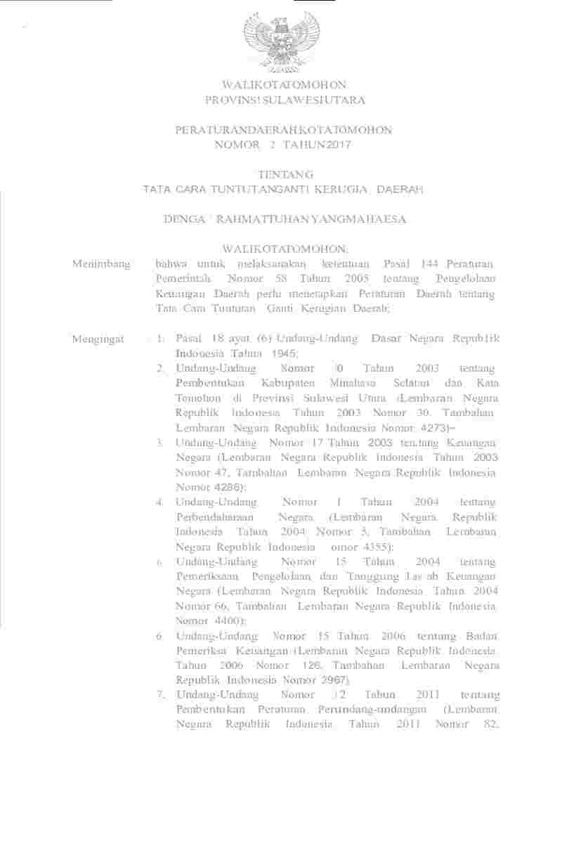 Peraturan Daerah Kota Tomohon No 2 tahun 2017 tentang Tata Cara Tuntutan Ganti Kerugia Daerah