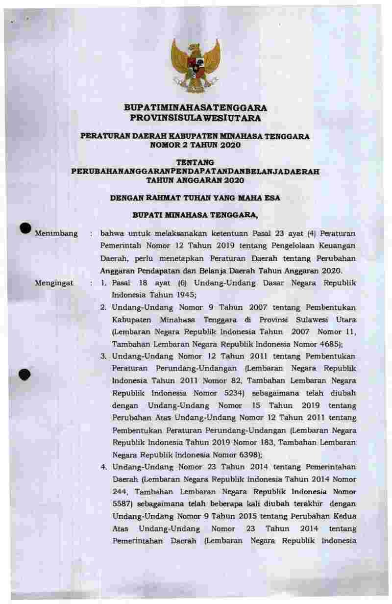 Peraturan Daerah Kabupaten Minahasa Tenggara No 2 tahun 2020 tentang Perubahan Anggaran Pendapatan dan Belanja Daerah Tahun Anggaran 2020