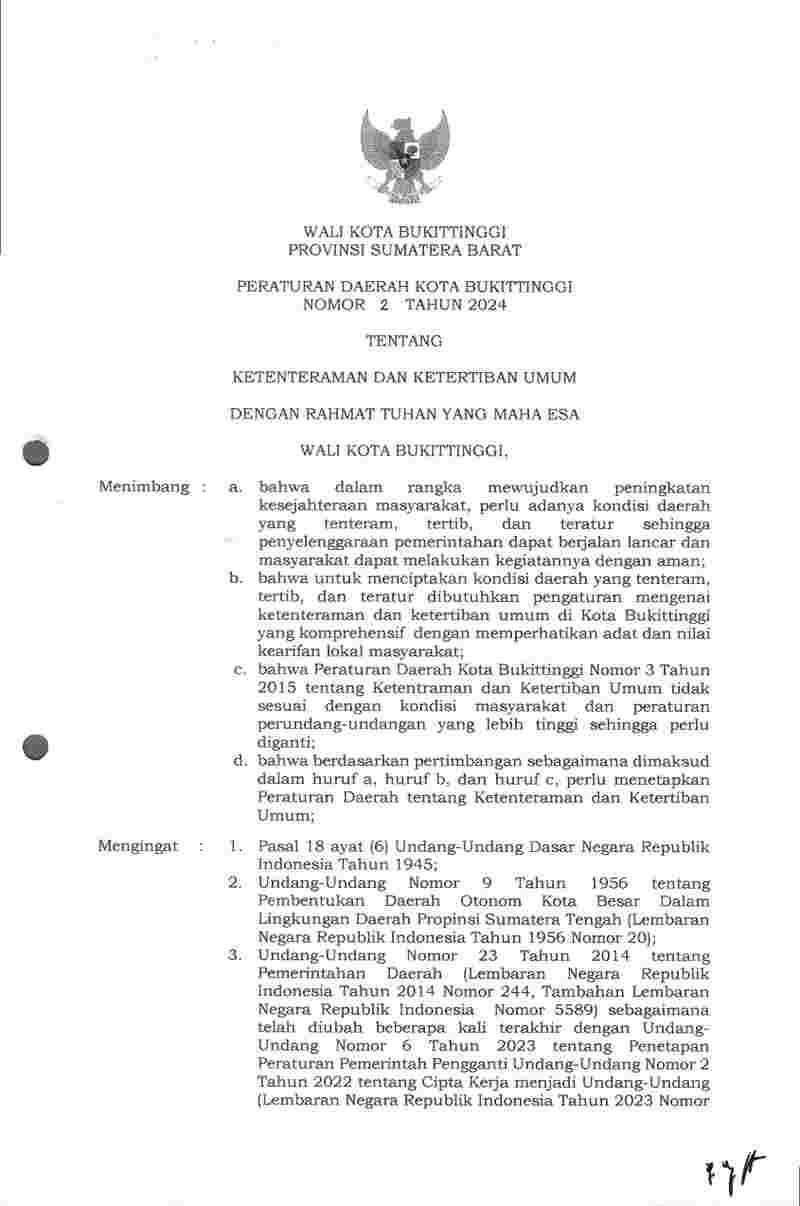 Peraturan Daerah Kota Bukittinggi No 2 tahun 2024 tentang Ketenteraman dan Ketertiban Umum