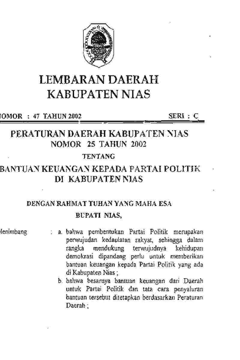Peraturan Daerah Kabupaten Nias No 25 tahun 2002 tentang Bantuan Keuangan Kepada Partai Politik di Kabupaten Nias
