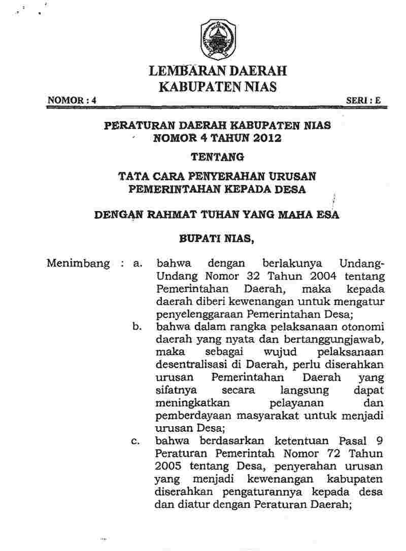 Peraturan Daerah Kabupaten Nias No 4 tahun 2012 tentang Tata Cara Penyerahan Urusan Pemerintahan Kepada Desa