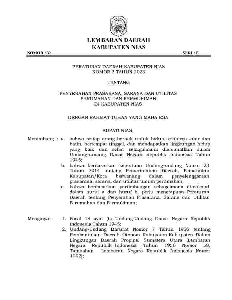 Peraturan Daerah Kabupaten Nias No 3 tahun 2023 tentang Penyerahan Prasarana, Sarana dan Utilitas Perumahan dan Permukiman di Kabupaten Nias