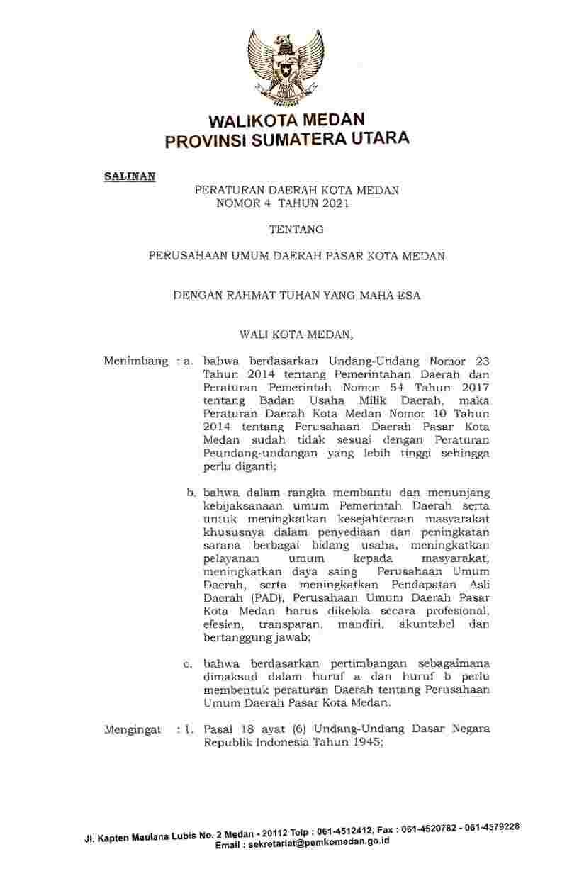 Peraturan Daerah Kota Medan No 4 tahun 2021 tentang Perusahaan Umum Daerah Pasar Kota Medan