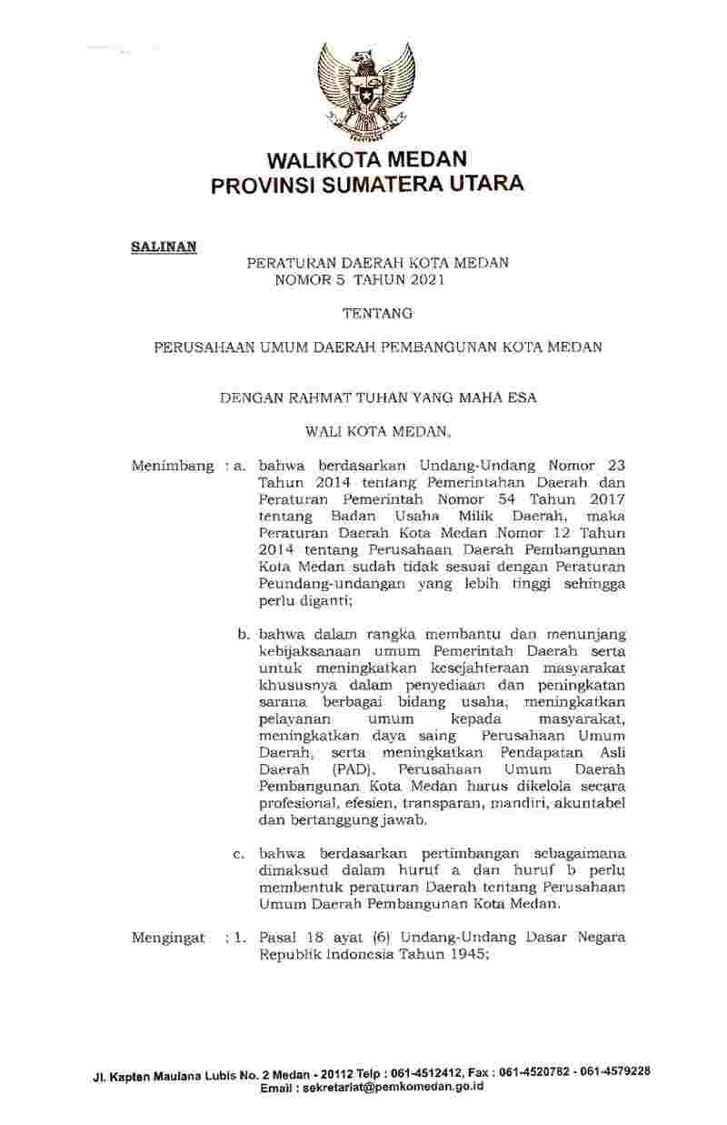 Peraturan Daerah Kota Medan No 5 tahun 2021 tentang Perusahaan Umum Daerah Pembangunan Kota Medan