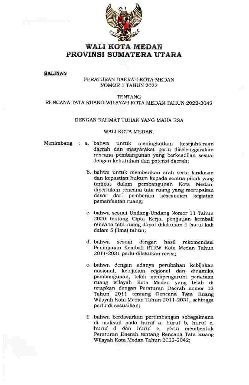 Peraturan Daerah Kota Medan No 1 tahun 2022 tentang Rencana Tata Ruang Wilayah Kota Medan Tahun 2022-2042