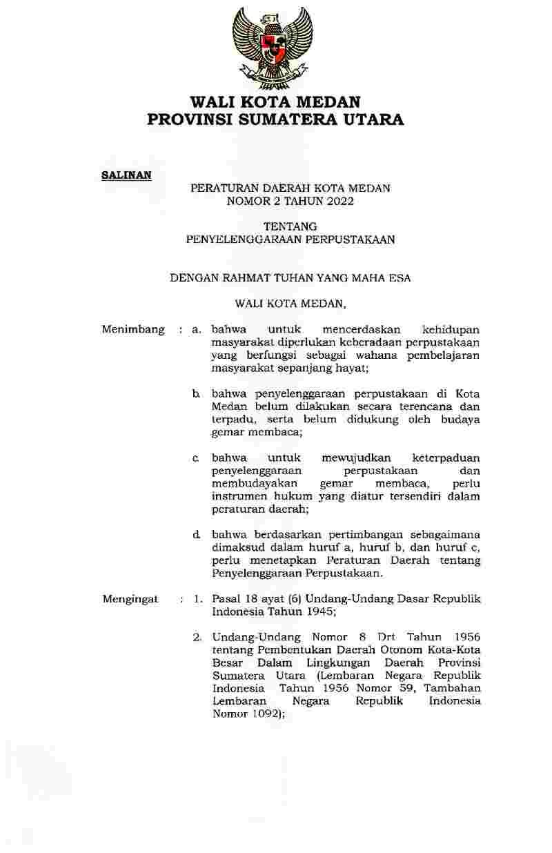 Peraturan Daerah Kota Medan No 2 tahun 2022 tentang Penyelenggaraan Perpustakaan