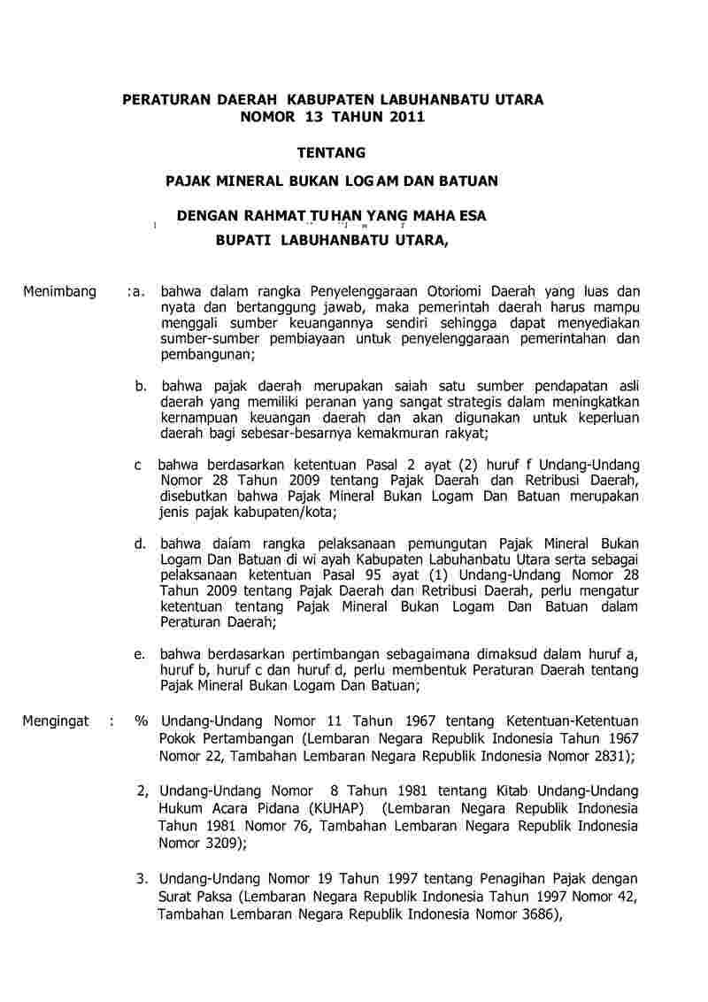 Peraturan Daerah Kabupaten Labuhanbatu Utara No 13 tahun 2011 tentang Pajak Mineral Bukan Logam dan Batuan
