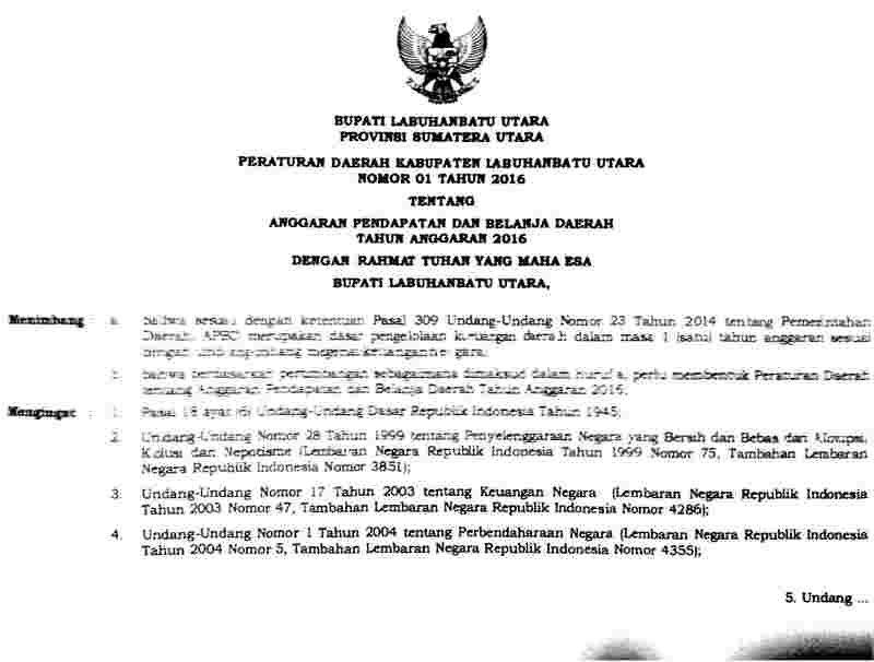 Peraturan Daerah Kabupaten Labuhanbatu Utara No 1 tahun 2016 tentang Anggaran Pendapatan dan Belanja Daerah Tahun Anggaran 2016