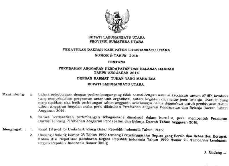 Peraturan Daerah Kabupaten Labuhanbatu Utara No 6 tahun 2016 tentang Perubahan Anggaran Pendapatan dan Belanja Daerah Tahun Anggaran 2016