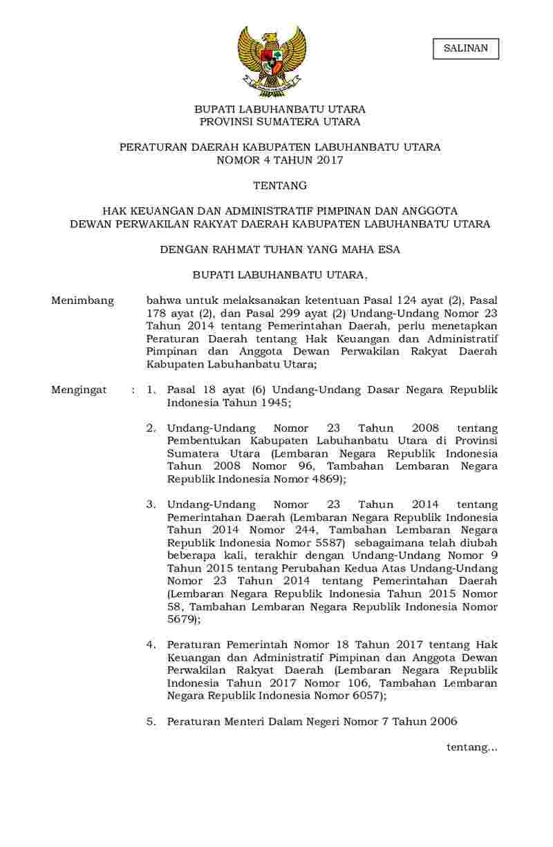 Peraturan Daerah Kabupaten Labuhanbatu Utara No 4 tahun 2017 tentang Hak Keuangan dan Administratif Pimpinan dan Anggota Dewan Perwakilan Rakyat Daerah Kabupaten Labuhanbatu Utara