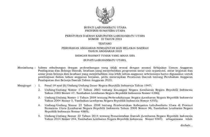 Peraturan Daerah Kabupaten Labuhanbatu Utara No 10 tahun 2023 tentang Perubahan Anggaran Pendapatan dan Belanja Daerah Tahun Anggaran 2023