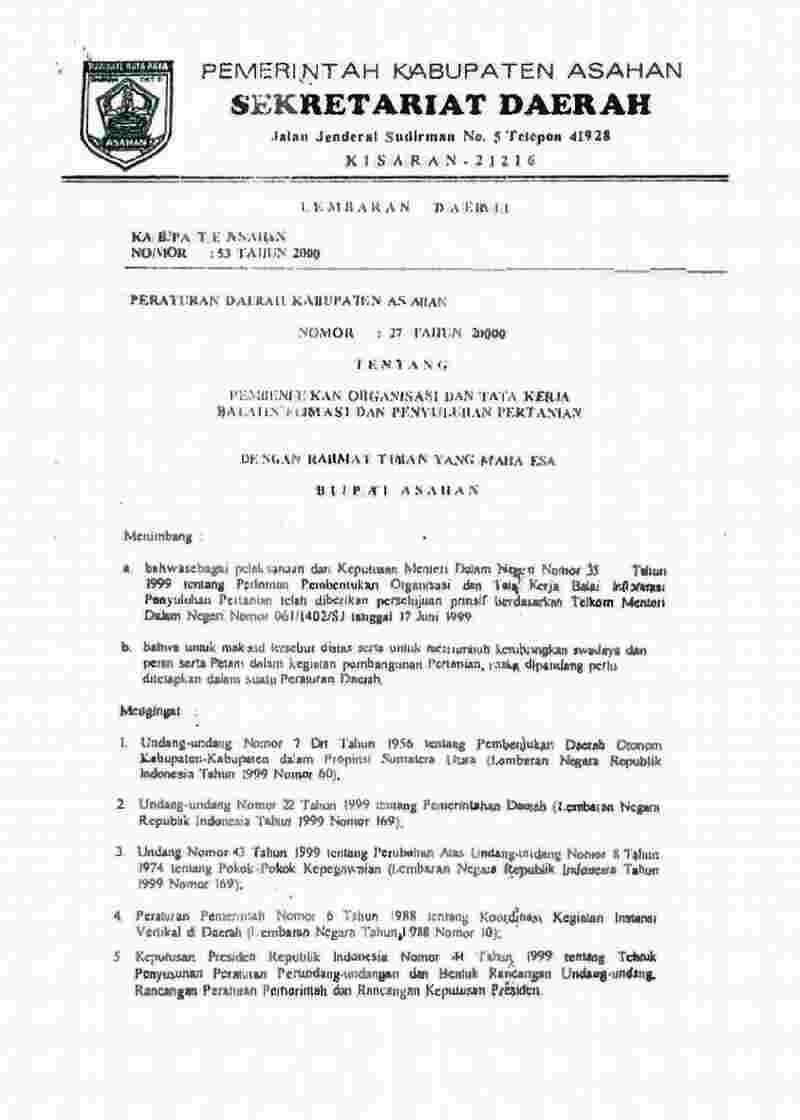 Peraturan Daerah Kabupaten Asahan No 27 tahun 2000 tentang Pembentukan Organisasi dan Tata Kerja Balai Infomasi dan Penyuluhan Pertanian