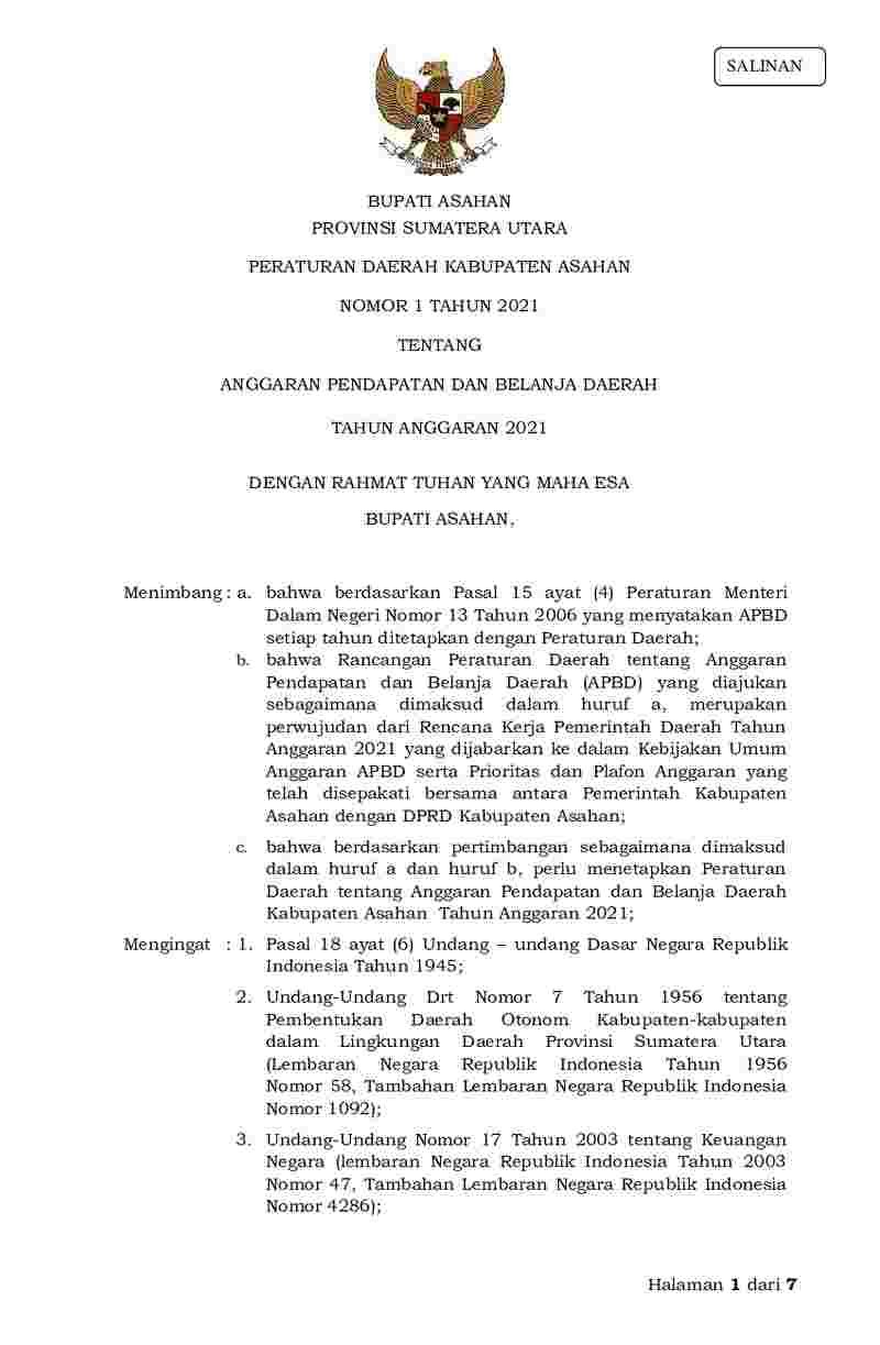 Peraturan Daerah Kabupaten Asahan No 1 tahun 2021 tentang Anggaran Pendapatan dan Belanja Daerah Tahun Anggaran 2021