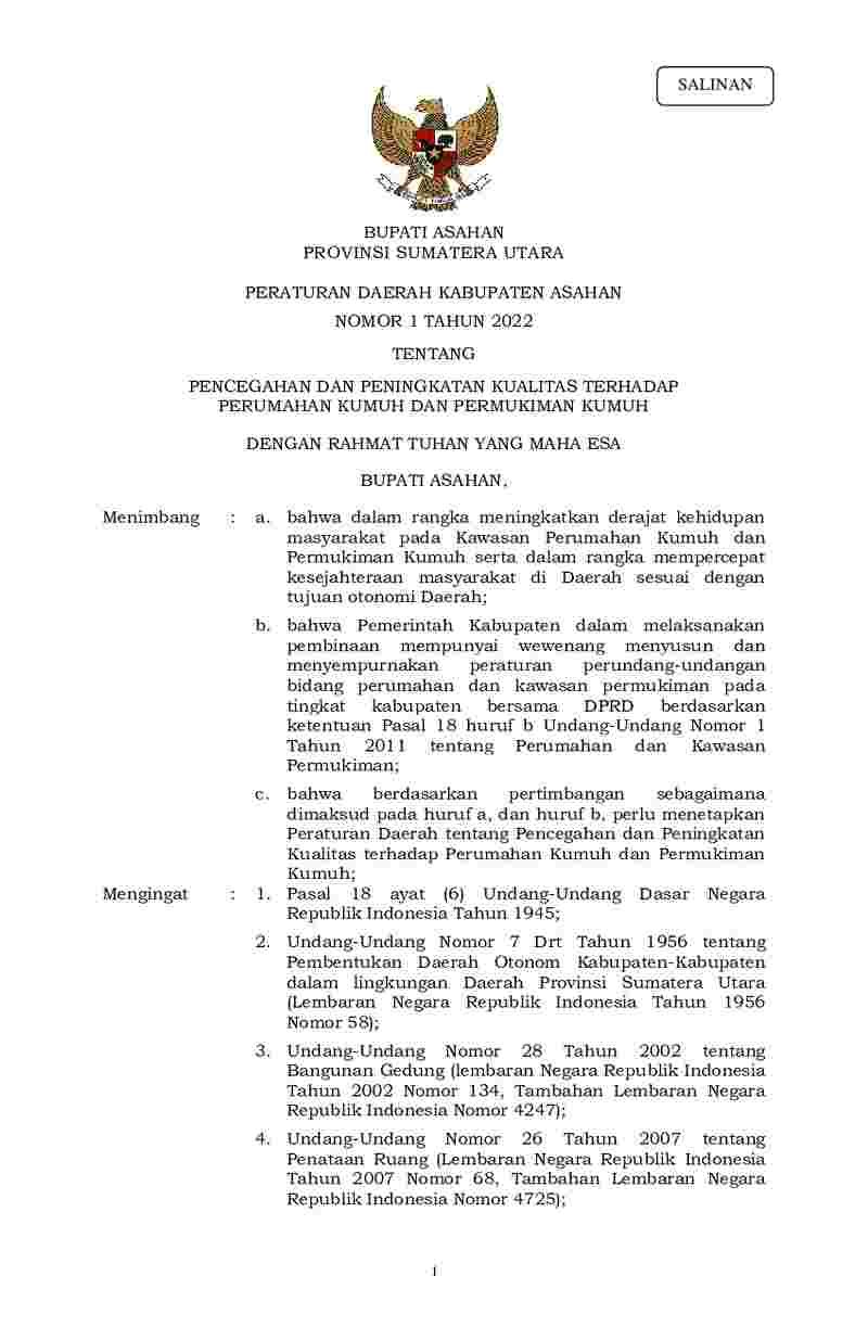 Peraturan Daerah Kabupaten Asahan No 1 tahun 2022 tentang Pencegahan dan Peningkatan Kualitas Terhadap Perumahan Kumuh dan Permukiman Kumuh