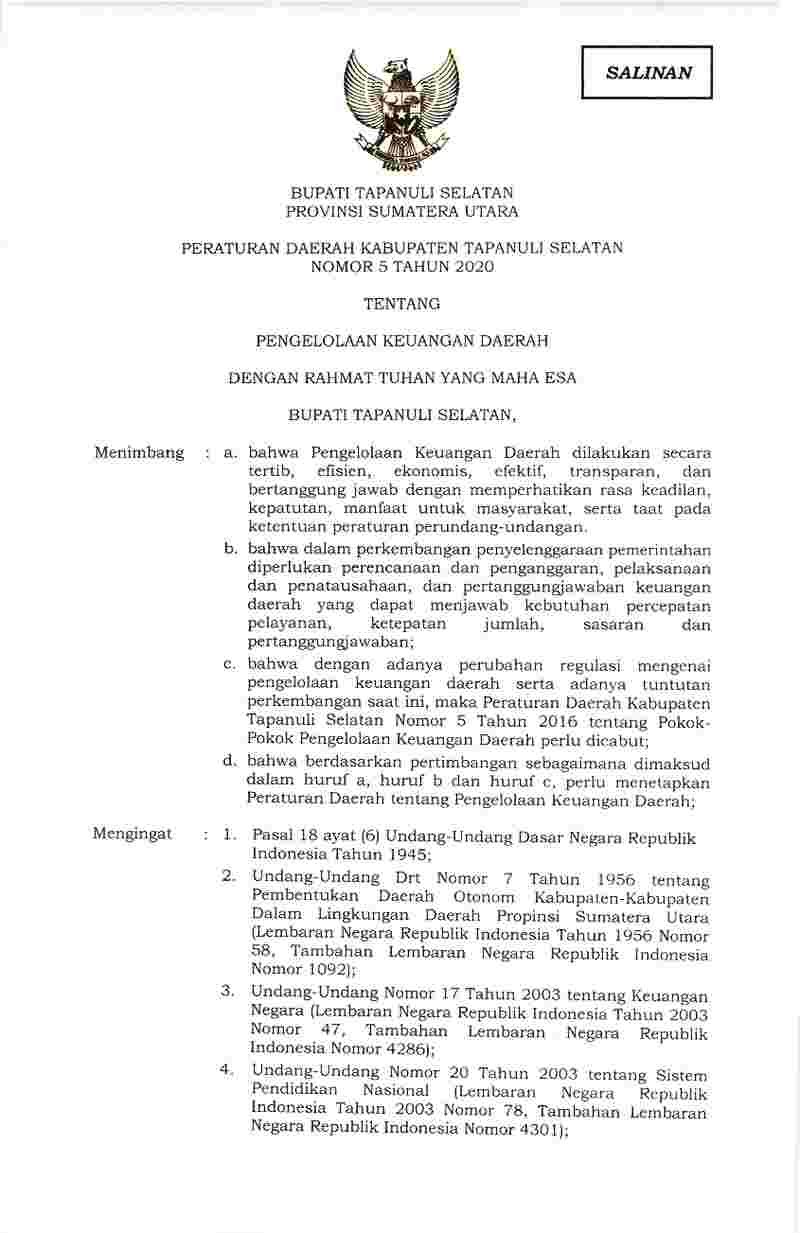 Peraturan Daerah Kabupaten Tapanuli Selatan No 5 tahun 2020 tentang Pengelolaan Keuangan Daerah