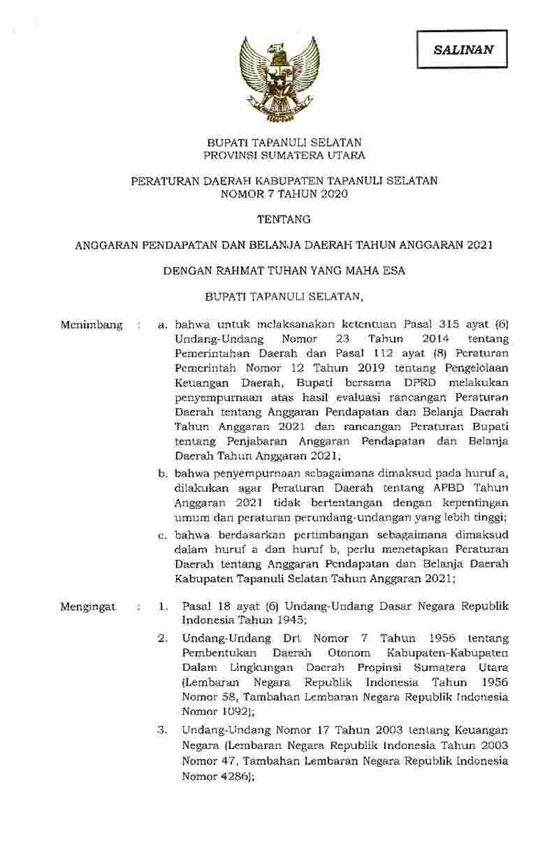 Peraturan Daerah Kabupaten Tapanuli Selatan No 7 tahun 2020 tentang Anggaran Pendapatan dan Belanja Daerah Tahun Anggaran 2021