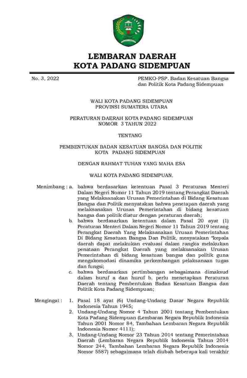 Peraturan Daerah Kota Padang Sidempuan No 3 tahun 2022 tentang Pembentukan Badan Kesatuan Bangsa dan Politik Kota Padang Sidempuan