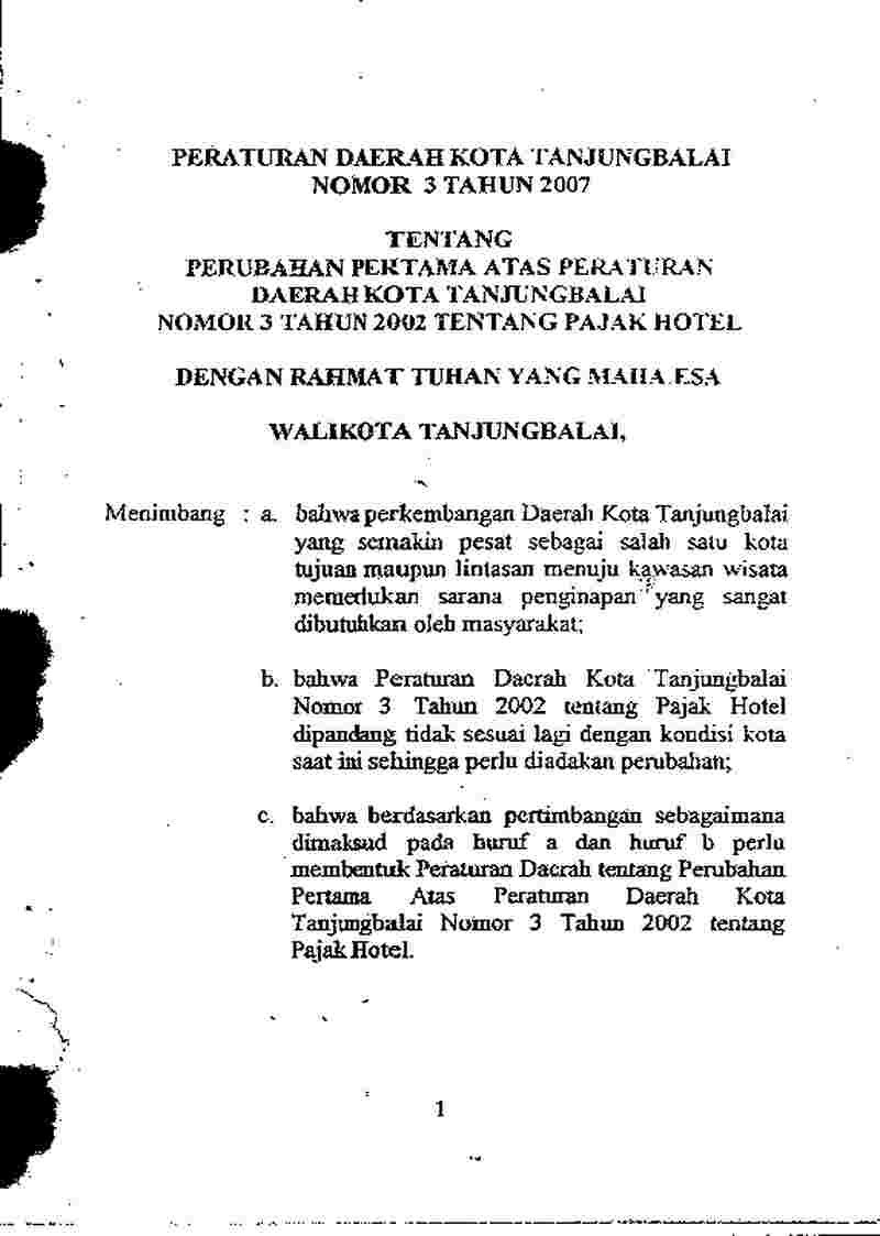 Peraturan Daerah Kota Tanjungbalai No 3 tahun 2007 tentang Perubahan Pertama atas Peraturan Daerah Kota Tanjungbalai Nomor 3 Tahun 2002 tentang Pajak Hotel