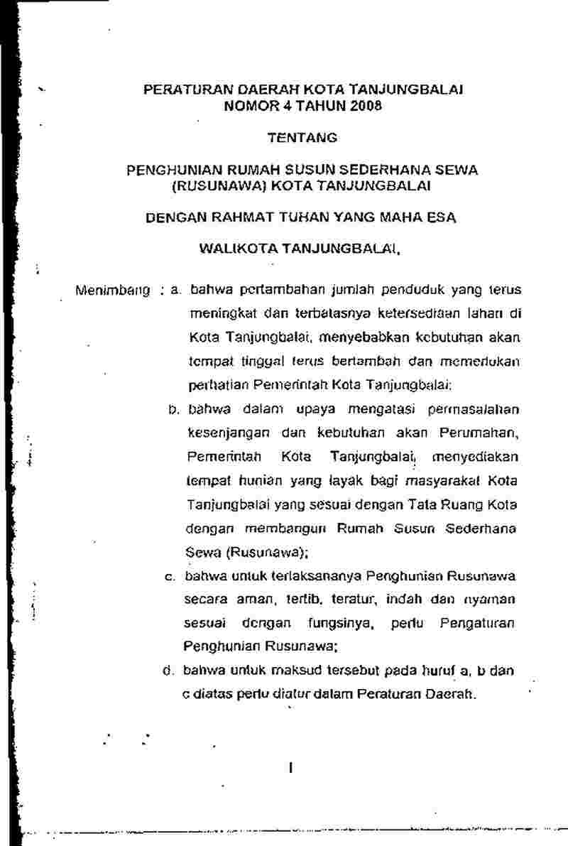 Peraturan Daerah Kota Tanjungbalai No 4 tahun 2008 tentang Penghunian Rumah Susun Sederhana Sewa (Rusunawa) Kota Tanjungbalai