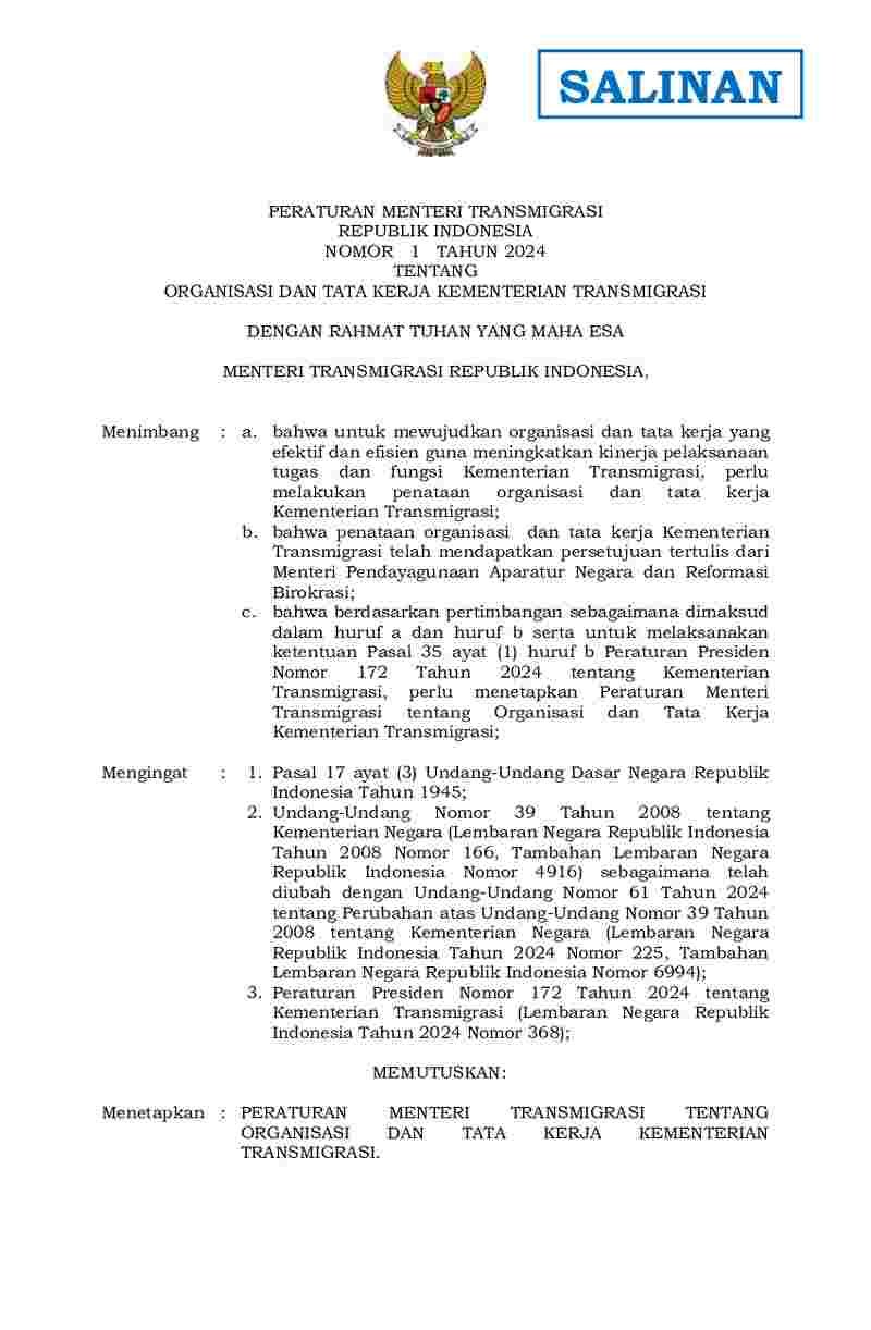 Peraturan Menteri Transmigrasi No 1 tahun 2024 tentang Organisasi dan Tata Kerja Kementerian Transmigrasi