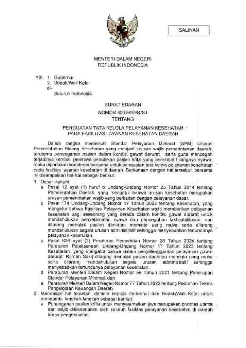 Surat Edaran Menteri Dalam Negeri No 400.5/9764/SJ tahun 2025 tentang Penguatan Tata Kelola Pelayanan Kesehatan pada Fasilitas Layanan Kesehatan Daerah