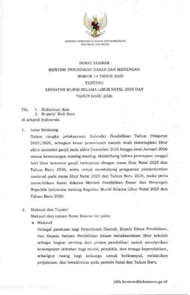 Surat Edaran Menteri Pendidikan Dasar dan Menengah No 14 tahun 2025 tentang Kegiatan Murid selama Libur Natal 2025 dan Tahun Baru 2026