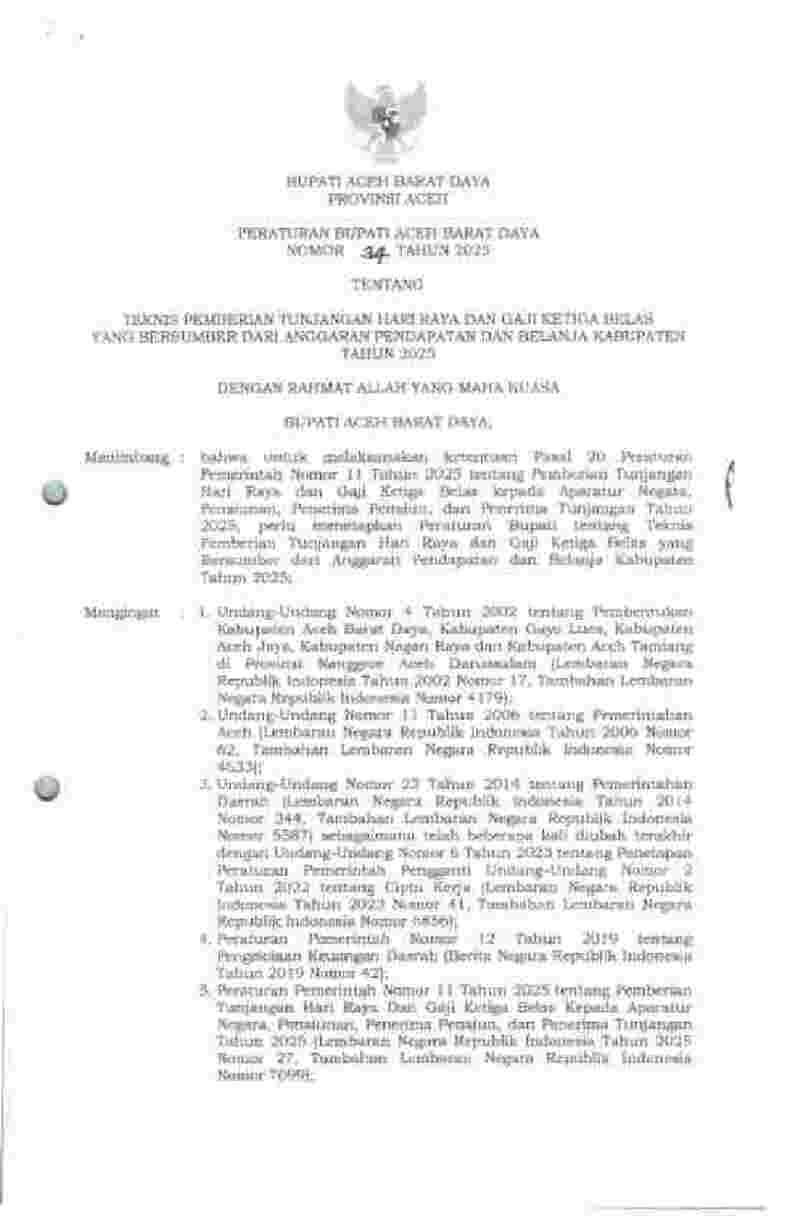 Peraturan Bupati Aceh Barat Daya No 34 tahun 2025 tentang Teknis Pemberian Tunjangan Hari Raya dan Gaji Ketiga Belas yang Bersumber dari Anggaran Pendapatan dan Belanja Kabupaten Tahun 2025