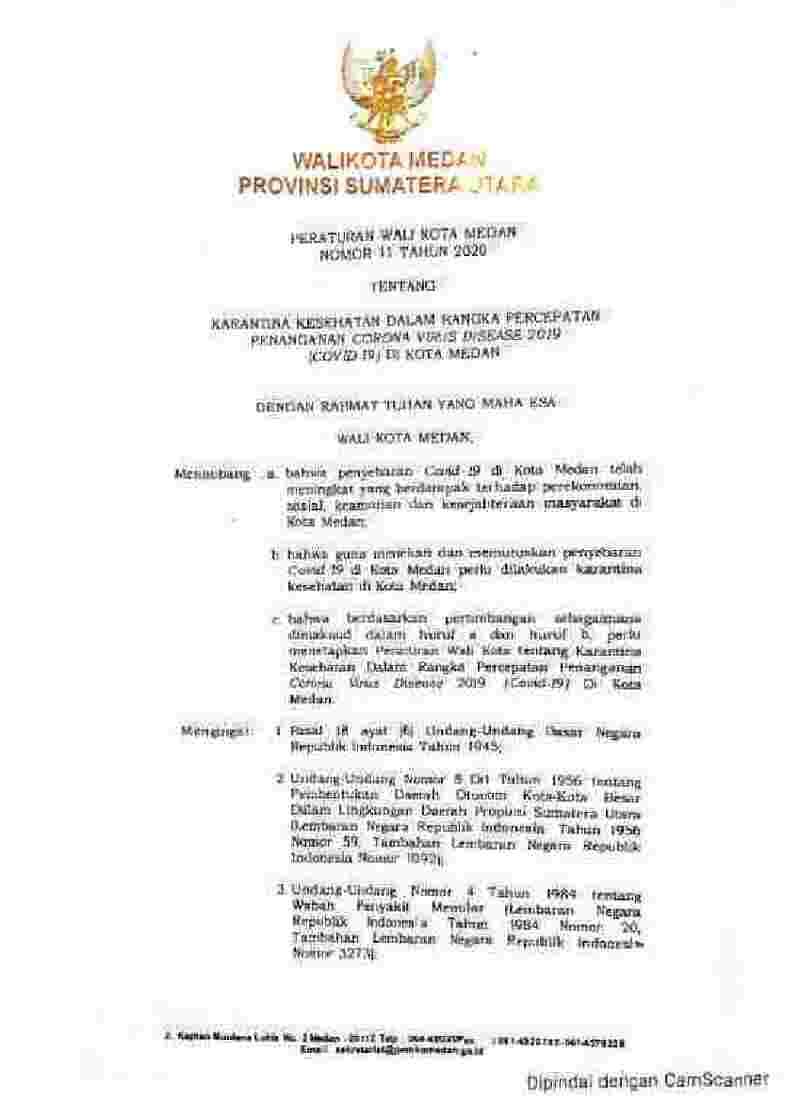 Peraturan Walikota Medan No 11 tahun 2020 tentang Karantina Kesehatan dalam Rangka Percepatan Penanganan Corona Virus Disease 2019 (Covid-19) di Kota Medan 