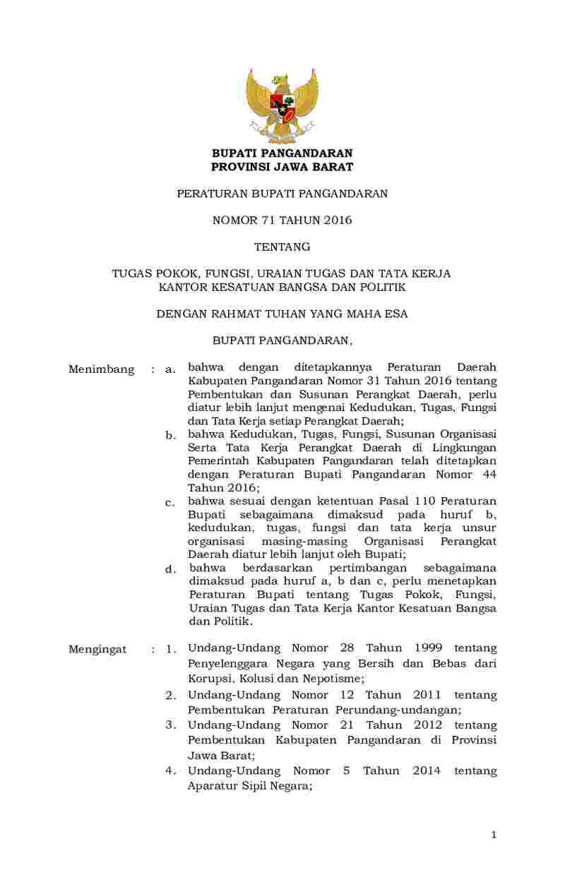 Peraturan Bupati Pangandaran No 71 tahun 2016 tentang Tugas Pokok, Fungsi, Uraian Tugas dan Tata Kerja Kantor Kesatuan Bangsa dan Politik