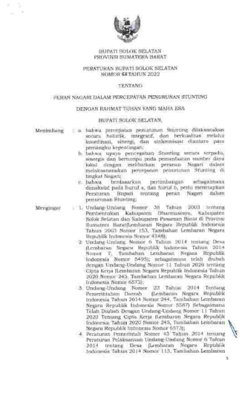 Peraturan Bupati Solok Selatan No 88 tahun 2022 tentang Peran Nagari dalam Percepatan Penurunan Stunting