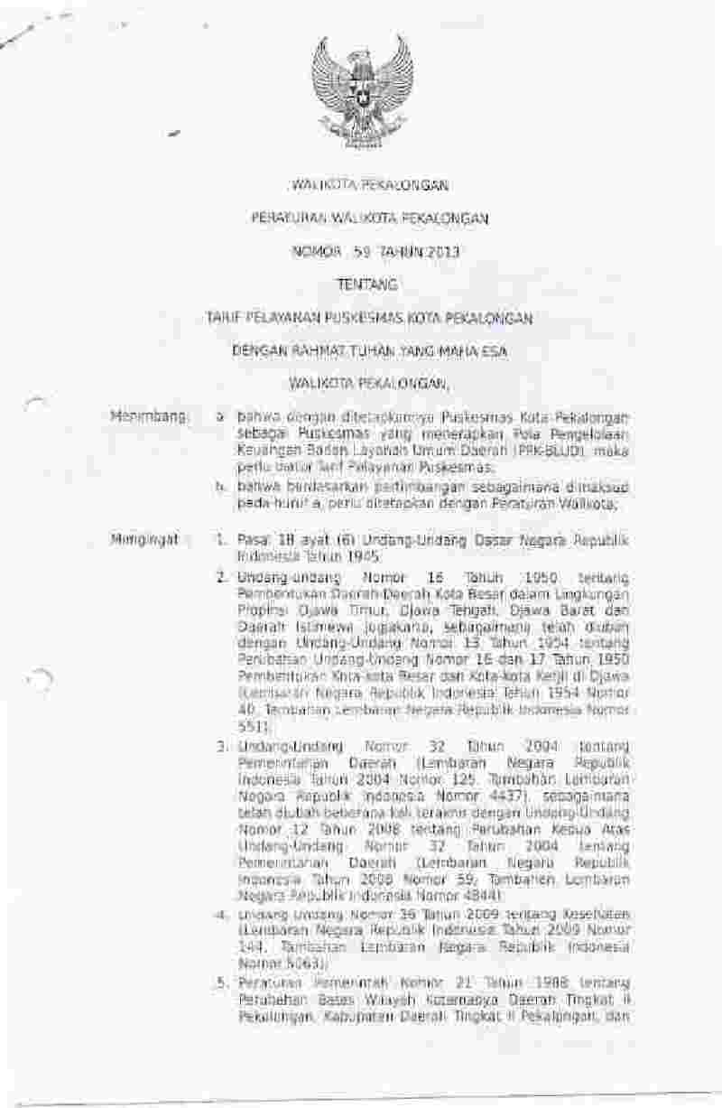 Peraturan Walikota Pekalongan No 59 tahun 2013 tentang Tarif Pelayanan Puskesmas Kota Pekalongan