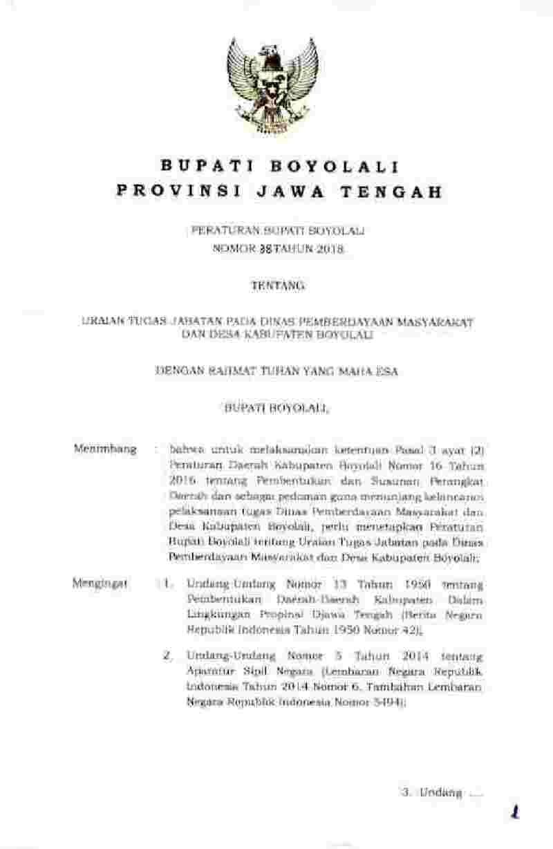 Peraturan Bupati Boyolali No 38 tahun 2018 tentang Uraian Tugas Jabatan pada Dinas Pemberdayaan Masyararat dan Desa Kabupaten Boyolali