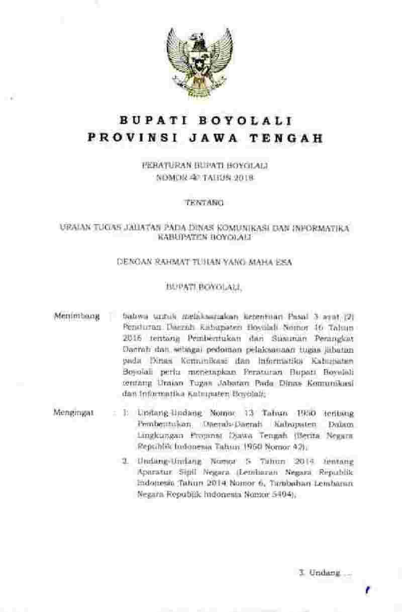 Peraturan Bupati Boyolali No 40 tahun 2018 tentang Uraian Tugas Jabatan pada Dinas Komunikasi dan Informatika Kabupaten Boyolali