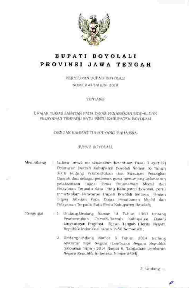 Peraturan Bupati Boyolali No 42 tahun 2018 tentang Uraian Tugas Jabatan pada Dinas Penanaman Modal dan Relayanan Terpadu Satu Pintu Kabupaten Boyolali