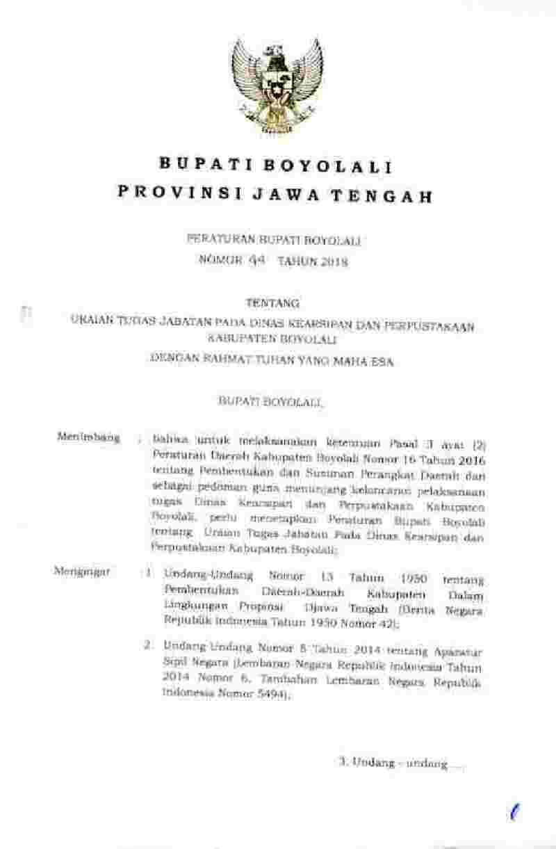 Peraturan Bupati Boyolali No 44 tahun 2018 tentang Uraian Tugas Jabatan pada Dinas Kearsipan dan Perpustakaan Kabupaten Boyolali