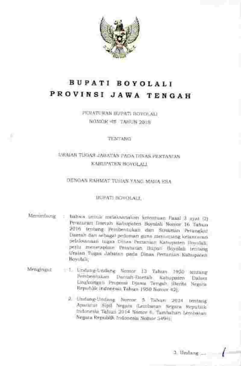 Peraturan Bupati Boyolali No 45 tahun 2018 tentang Uraian Tugas Jabatan pada Dinas Pertanian Kabupaten Boyolali