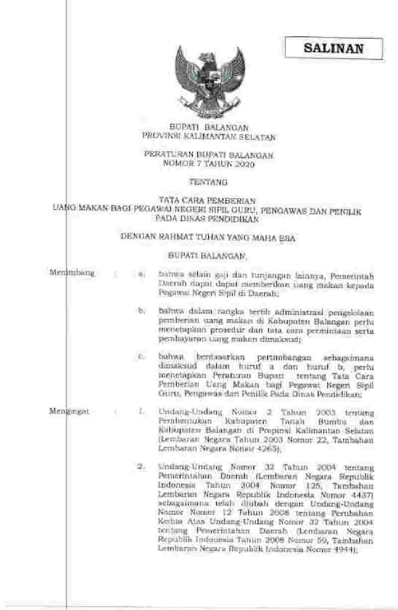 Peraturan Bupati Balangan No 7 tahun 2020 tentang Tatacara Pemberian Uang Makan bagi Pegawai Negeri Sipil Guru, Pengawas dan Penilik pada Dinas Pendidikan