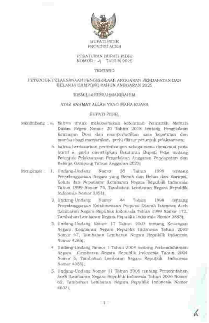 Peraturan Bupati Pidie No 4 tahun 2025 tentang Petunjuk Pelaksanaan Pengelolaan Anggaran Pendapatan dan Belanja Gampong Tahun Anggaran 2025