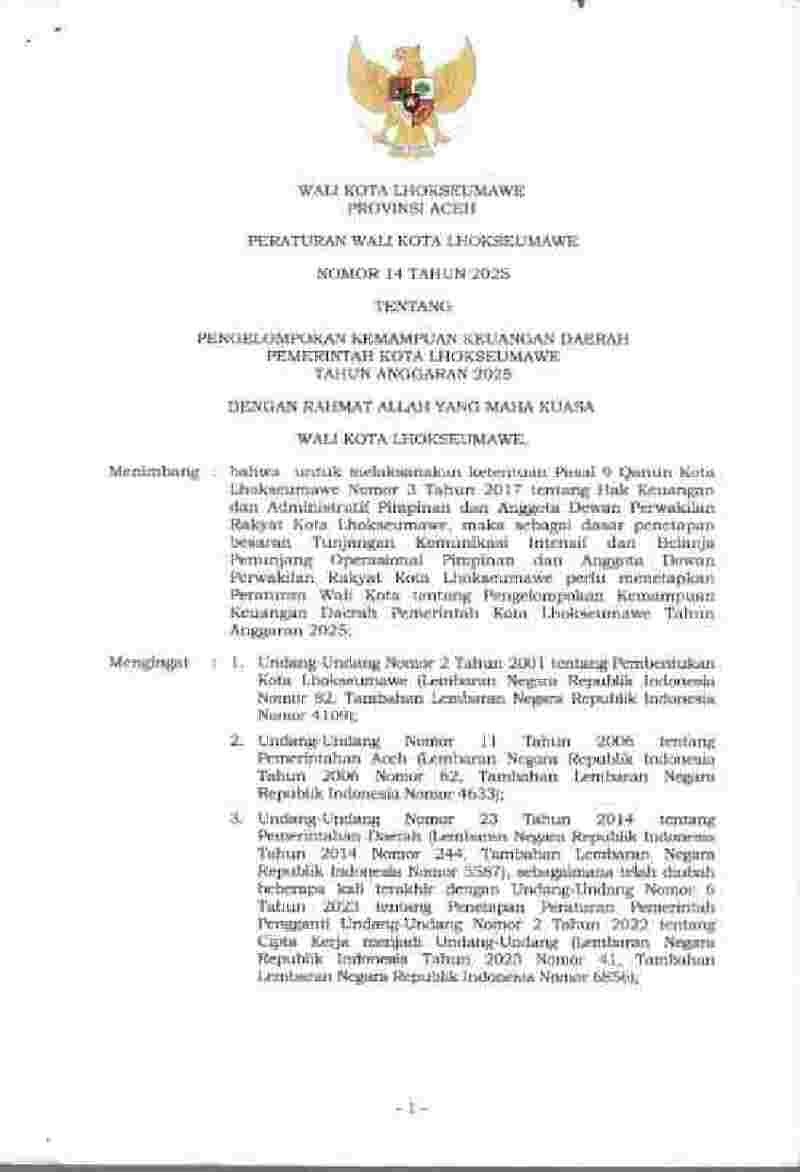 Peraturan Walikota Lhokseumawe No 14 tahun 2025 tentang Pengelompokan Kemampuan Keuangan Daerah Pemerintah Kota Lhokseumawe Tahun Anggaran 2025