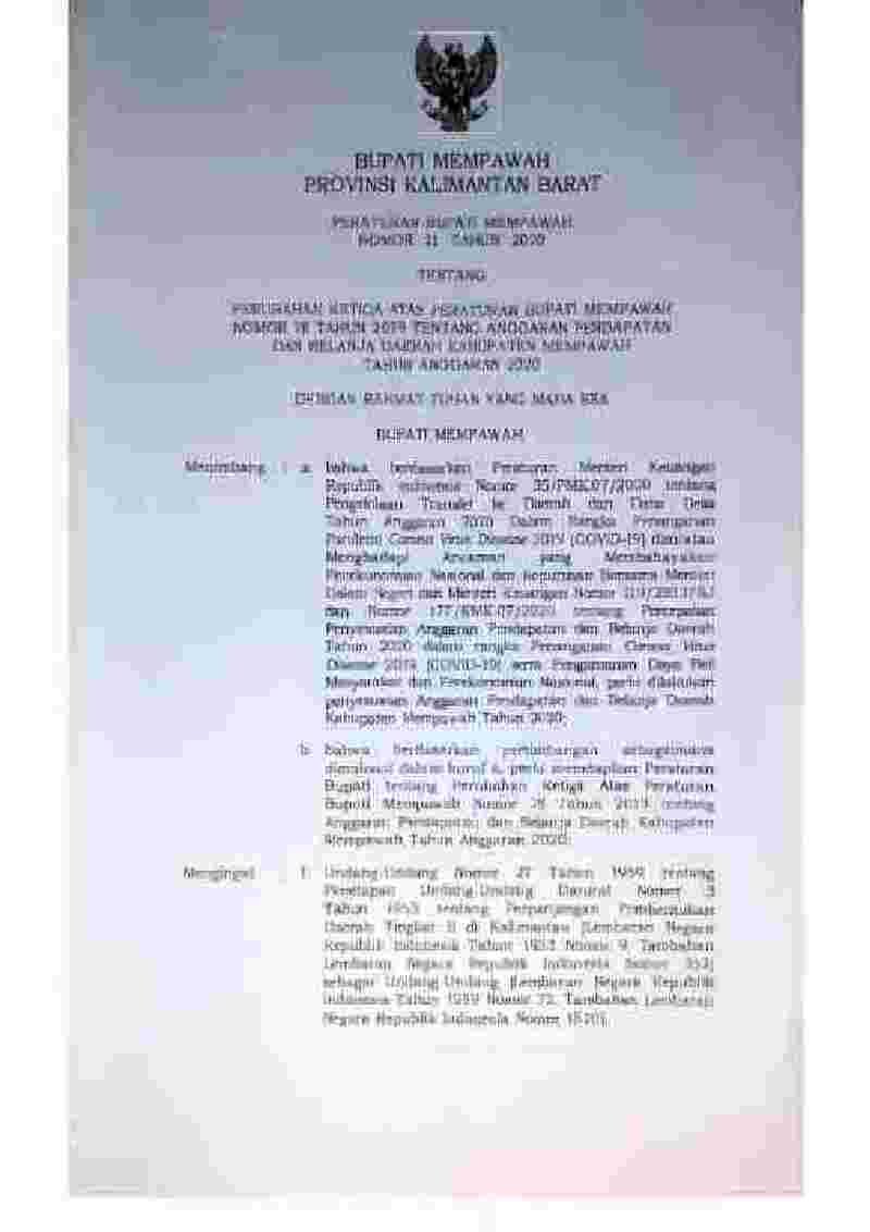 Peraturan Bupati Mempawah No 21 tahun 2020 tentang Perubahan Ketiga atas Peraturan Bupati Mempawah Nomor 78 Tahun 2019 tentang Anggaran Pendapatan dan Belanja Daerah Kabupaten Mempawah Tahun Anggaran 2020 